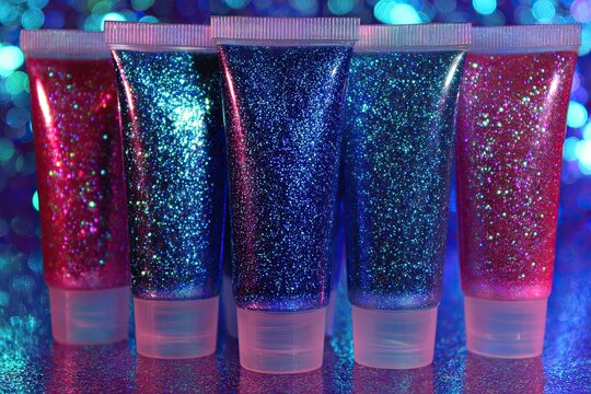 Rows of uncapped Crayola glitter glue tubes showcasing vibrant blue and pink sparkle for creative crafting and artistic projects.