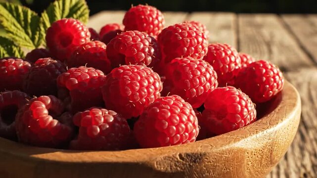 Sun-Kissed Raspberries in Wooden Bowl Outdoors