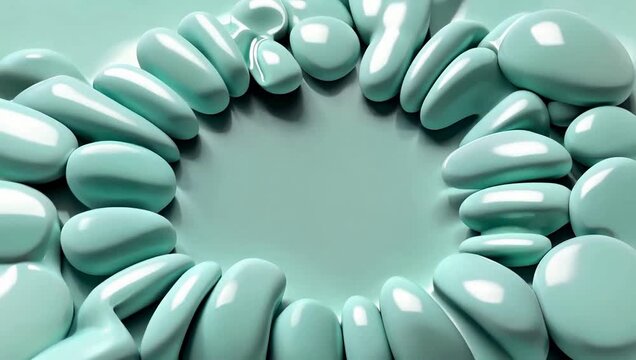 Abstract 3D mint green glossy pebbles shifting in a circular formation around a central copy space