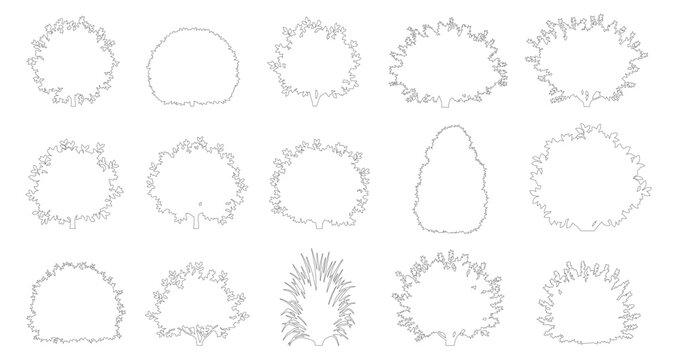 Minimalist tree crown outline icons, set of 15 architectural landscape symbols, thin line vegetation top view vector elements for site plans