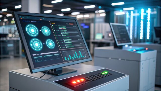 High-tech control room with multiple monitors displaying futuristic data and graphs in a modern industrial setting.