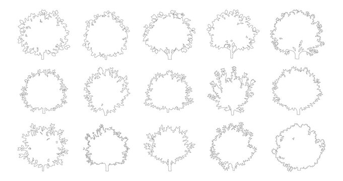 Minimalist tree crown outline set, 15 architectural landscape plan symbols, black and white line art foliage icons for site mapping and garden design