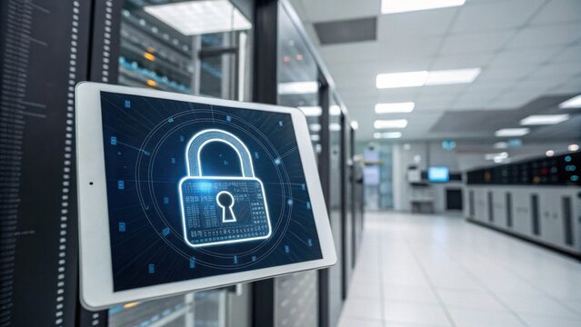 A digital padlock symbol is displayed on a monitor inside a secure, well-lit data center with servers in the background.
