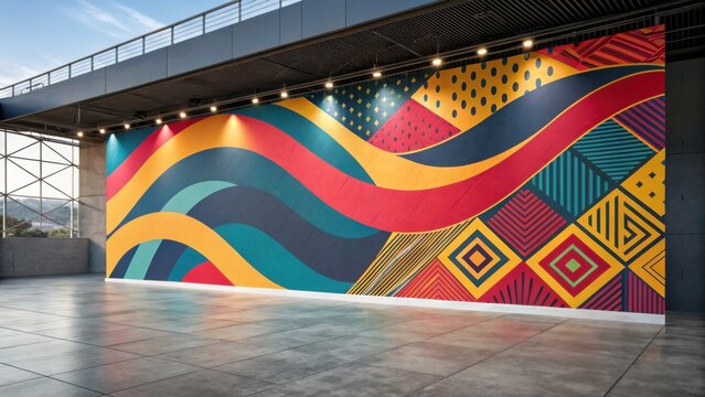 A vibrant, geometric mural with flowing curves and colorful patterns decorates an outdoor wall under a modern bridge structure.