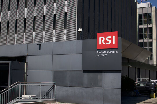 RSI sign (Radio Svizzera Italiana) sign on the television studio's building in Comano, Switzerland