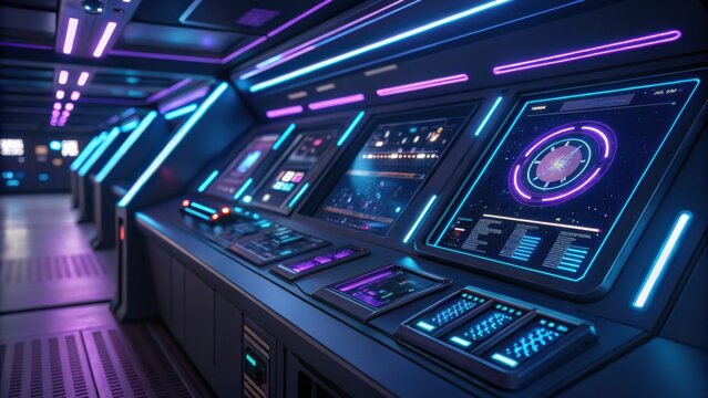 A futuristic control room with illuminated digital screens and neon blue and purple lighting, suggesting advanced technology and a sci-fi environment.