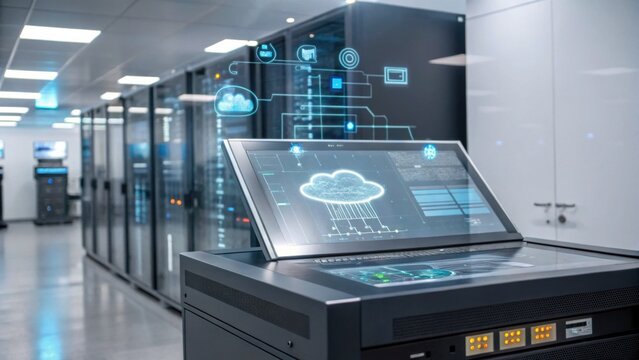 A modern data center with servers and a holographic touchscreen displaying cloud computing and network connections.
