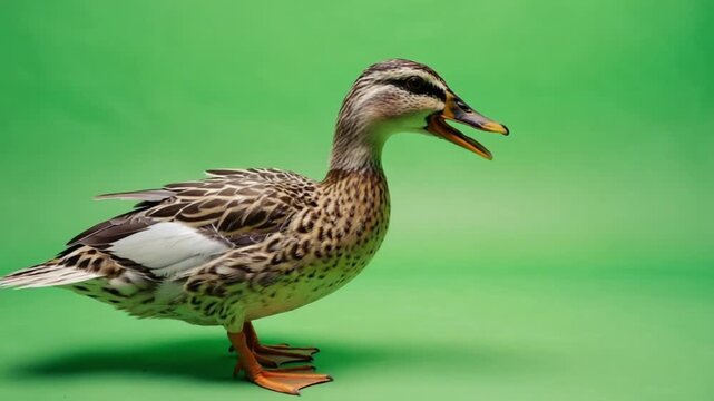 female mallard duck quacking on green background
