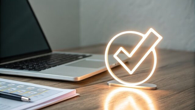 A glowing checkmark symbol sits on a wooden desk beside an open laptop and a planner with a pen, symbolizing productivity and task completion.