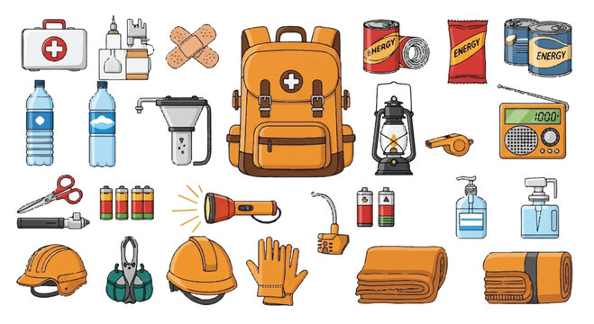 Emergency preparedness kit and supplies assortment with first aid emergency supplies survival preparedness disaster backpack flashlight