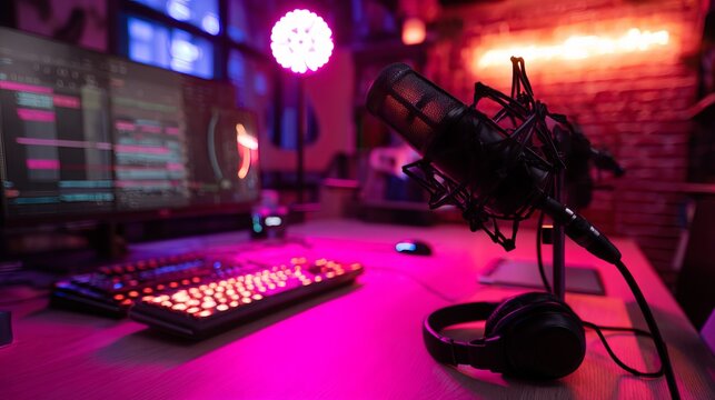 Podcast audio setup with studio microphone and headset, glowing LED desk, bright colorful recording studio interior