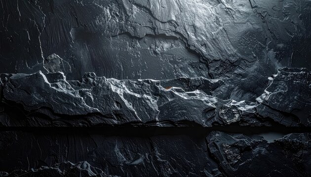 A dramatic close-up showcases a rugged, dark rock formation with intricate textures and a stark, contrasting line bisecting the composition.