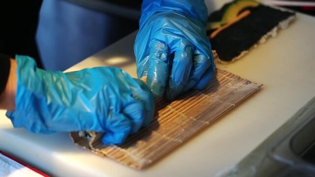 Making sushi rolls in a kitchen with bamboo mat