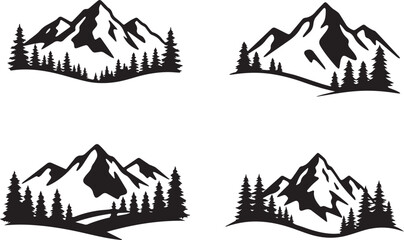 Fototapeta premium Minimal Mountain Silhouette Vector Set with Pine Forest Landscape, Nature Adventure Logo Bundle, Outdoor Wilderness Design Collection, Art & Illustration