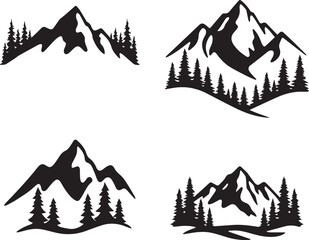 Fototapeta premium Minimal Mountain Silhouette Vector Set with Pine Forest Landscape, Nature Adventure Logo Bundle, Outdoor Wilderness Design Collection, Art & Illustration