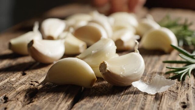 Peeled White Garlic Cloves Scattered on Rustic Wood