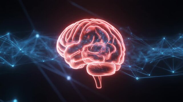 Glowing red digital brain illustration with neural network connections, symbolizing artificial intelligence, cognition, and advanced technological processing.