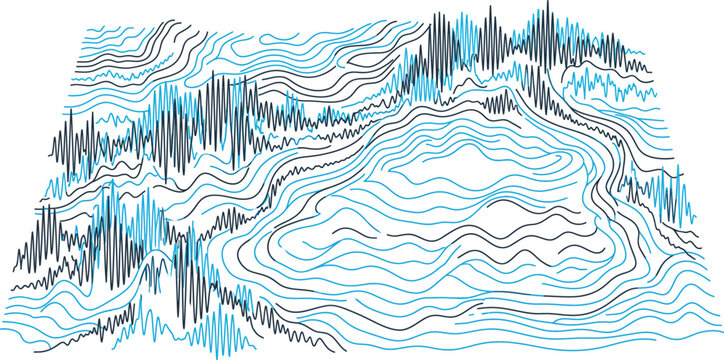 Abstract topographic map with wavy lines and sound wave patterns in blue and black.
