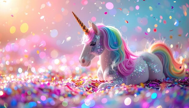 A whimsical and enchanting image depicts a sparkling unicorn surrounded by a cascade of colorful confetti and shimmering bokeh lights, creating a magical and dreamlike atmosphere.