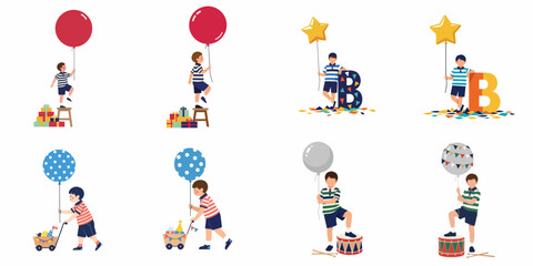 Fototapeta premium Set of Cute Boy Illustrations Celebrating Birthday with Balloons, Gifts, Drum, and Party Props in Flat Vector Style