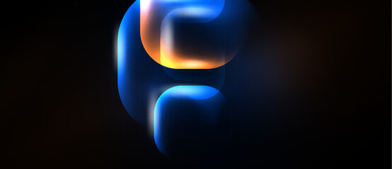 Naklejka premium Abstract glowing letterform. Blue, orange hues blend, creating fluid shape against dark background. Modern design element.