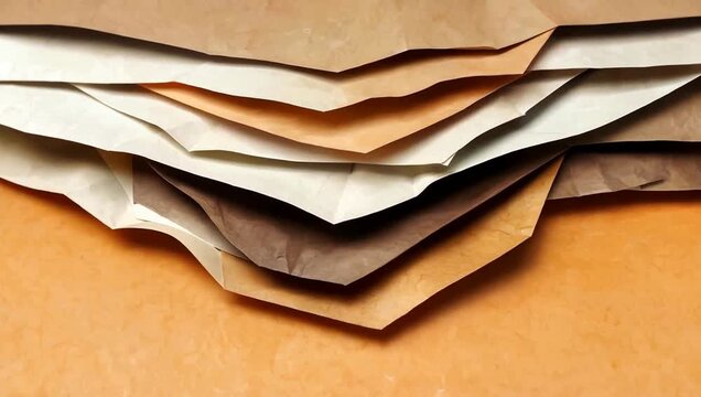 Abstract Layers of Folded Brown and White Paper Sheets Background