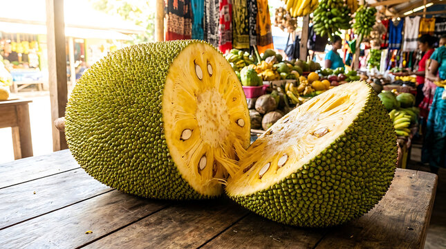 Giant ripe jackfruit cut open revealing yellow flesh and seeds on a wooden table at an outdoor market