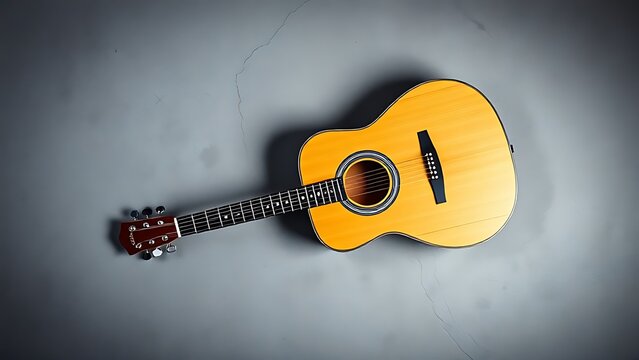 pickguard. Classic acoustic guitar on a grey cement surface, flat lay composition. tutorial guides, club newsletters, designed for tourism and weekend activity guides, inspires participation.