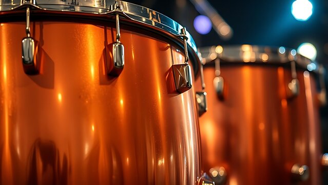 kettledrums. A pair of polished copper kettledrums with taut drumheads gleaming under focused stage lighting. product launch decks.