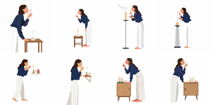 Collection of flat vector illustrations featuring a woman in multiple poses lighting and blowing out candles and matches in a home environment.