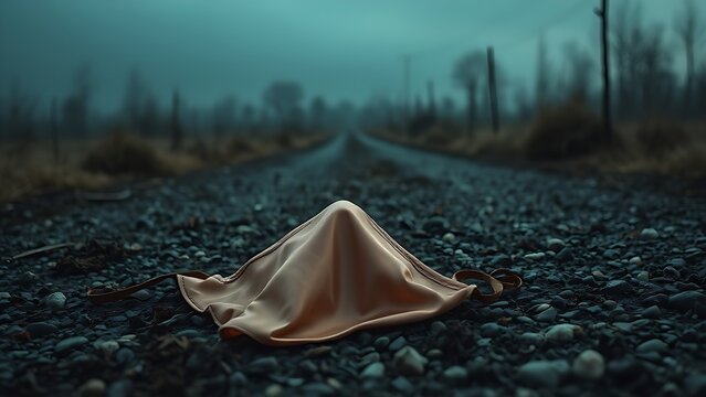 disharmony. Silk mask abandoned at a desolate crossroads, damp with dew, natural dawn light. event programs, museum guides, designed for cultural heritage projects and event programs.