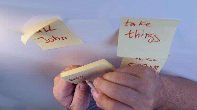 Man placing sticky notes on wall in close-up view, organizing handwritten reminders and tasks, structuring daily schedule and workflow, productivity and time management concept at home or office