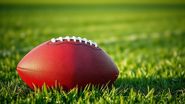 pigskin. American football on green turf field with morning dew and soft natural light. event key visuals, club posters, designed for fitness apps and gym onboarding, boosts motivation.