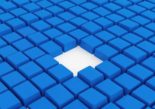 A consistent array of blue shapes features an obvious void where one element should be placed, illustrating a blank area within a uniform sequence, grid, blank, empty