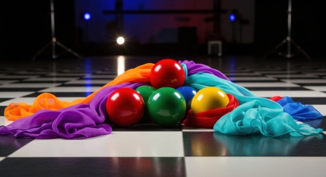 Brightly Colored Juggling Balls and Flowing Fabric Displayed on a Checkered Floor Stage