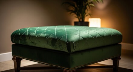 Fototapeta premium Luxurious Emerald Green Velvet Ottoman with Intricate Geometric Stitching, An Elegant Accent Piece for Refined Interiors