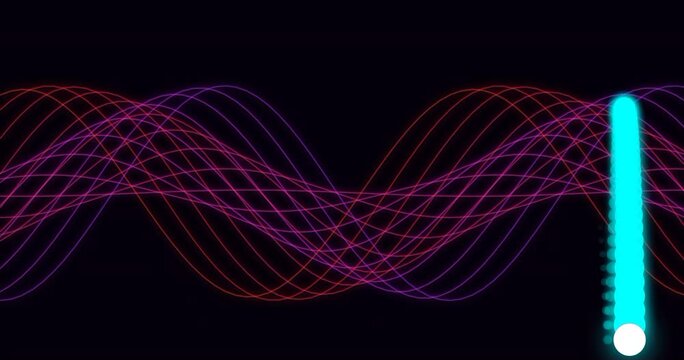 A dynamic neon orb bouncing along rhythmic wave lines, mimicking an audio visualizer or digital pulse. Features a modern synthwave aesthetic with vibrant glowing trajectories and energy.