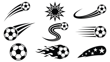 Fototapeta premium Flying Soccer Balls with Speed Trails, Flame, Stars and Explosion Effects — Dynamic Football Motion Vector Icon Set