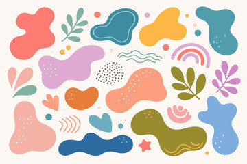 Fototapeta premium Set of Abstract Organic Shapes and Modern Graphic Elements, Simple Flat Vector Illustration with Hand-Drawn Blobs, Botanical Leaves, and Minimalist Decorative Forms in Soft Pastel Colors.