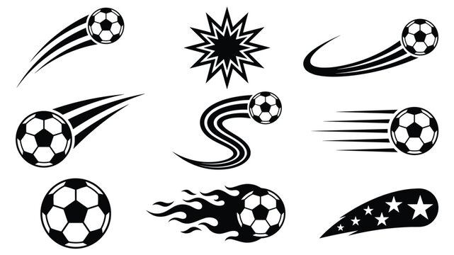 Flying Soccer Balls with Speed Trails, Flame, Stars and Explosion Effects &mdash; Dynamic Football Motion Vector Icon Set