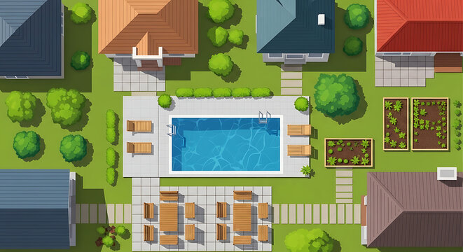 Overhead aerial perspective of modern residential architectural site plan with luxury house buildings lush green garden flora trees blue swimming pool and outdoor landscape design elements
