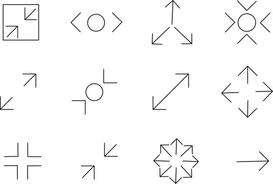 Arrows and interface direction icons set with expand resize move fullscreen symbols UI controls minimal outline vector collection isolated on transparent background.