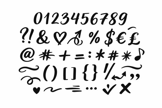 Vector Set of Calligraphic Hand Written Ink Numbers and Symbols, Brush Lettering Typography Elements Including Currency Signs, Punctuation, Math Icons, and Decorative Swashes for Graphic Design