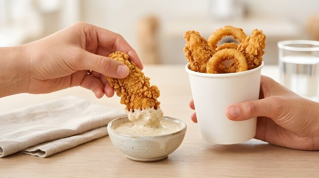 Close-up of hands dipping fried chicken and onion rings into a creamy dipping sauce, with a drink in the background