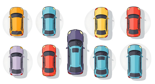 Collection of diverse modern urban vehicles in flat cartoon style viewed from above isolated on white background including sedan hatchback and suv transport models with soft drop shadows