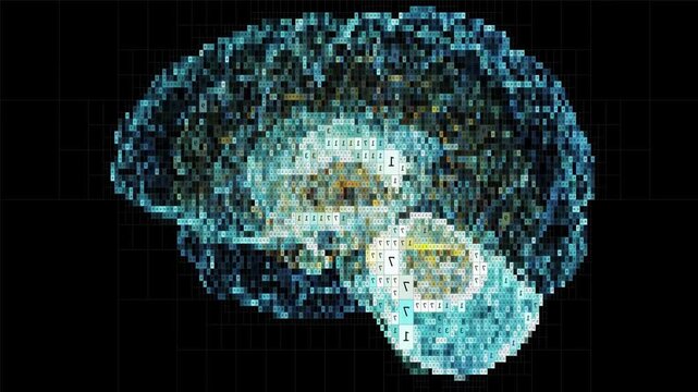 Abstract digital rendering of a human brain with overlaid data points, visualizing complex neural activity and cognitive processes
