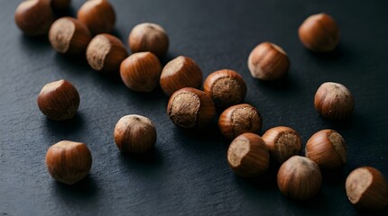 Obraz premium Pile of whole hazelnuts scattered on a dark textured surface, showcasing their natural shells and rounded shapes