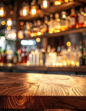 A warm, blurred view of a wooden bar top with a brightly lit, out-of-focus bar in the background, creating a cozy and inviting atmosphere.