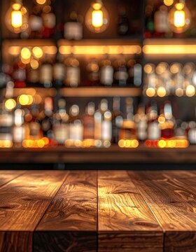 A warmly lit bar scene features a blurred background of bottles and glasses, with a prominent wooden tabletop in the foreground, creating an inviting atmosphere.