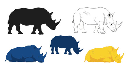 Fototapeta premium Rhino Silhouettes and Illustrations Set: Black, Blue, Yellow and Sketch